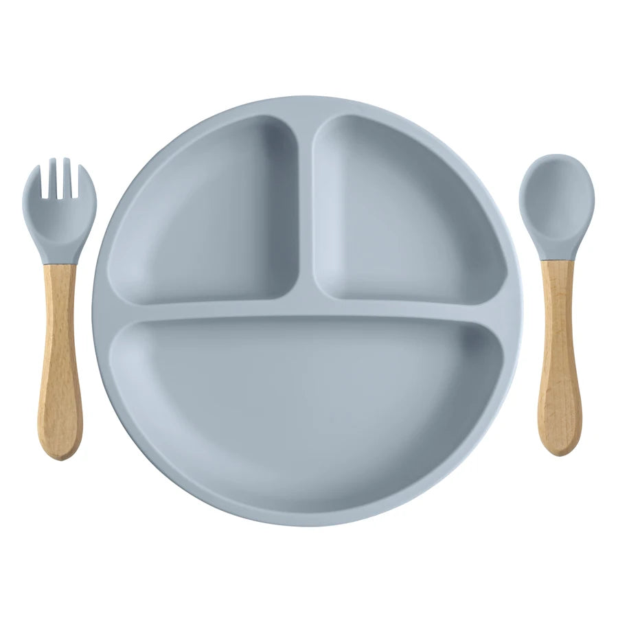Grey Blue round divided plate with wooden spoon and fork