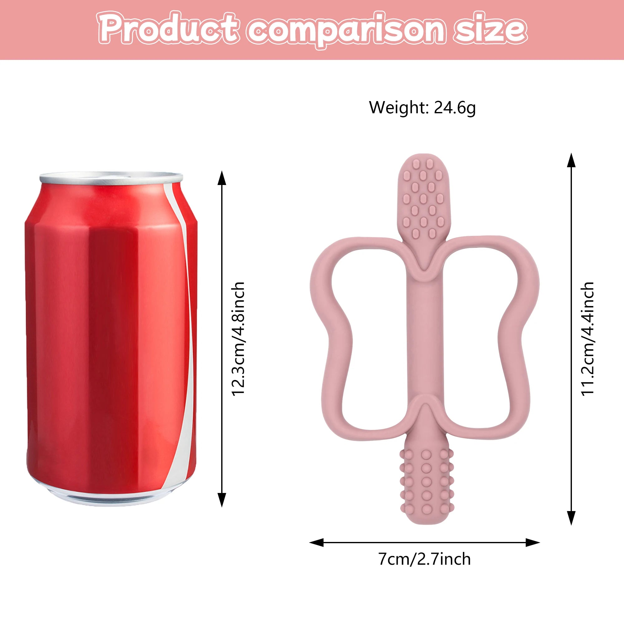 Comparison of a pink baby teether with a red can, showing dimensions and weight.