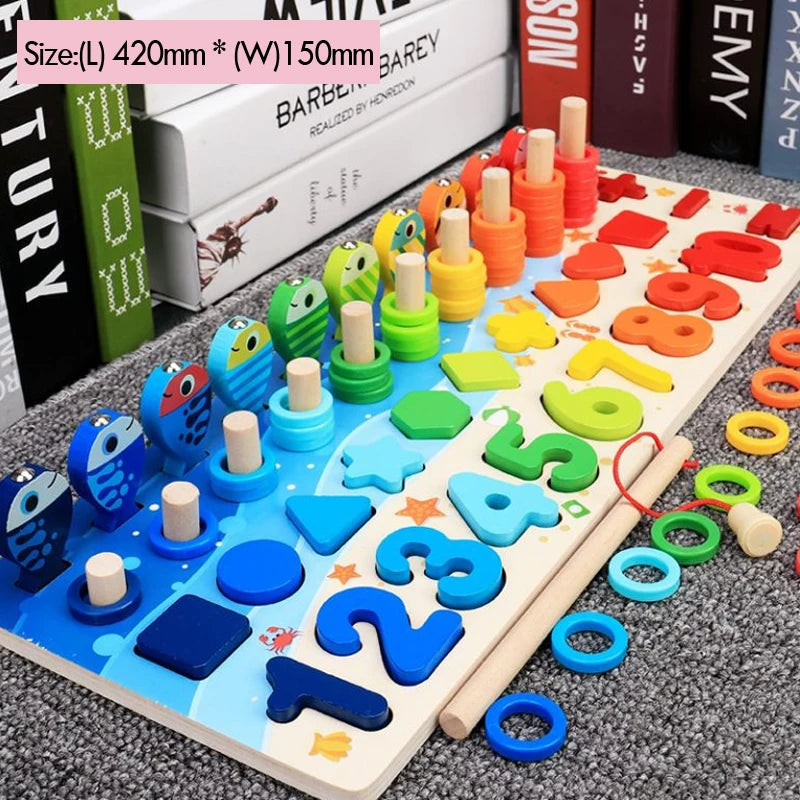 Colorful educational toy with numbers and shapes on a wooden board, placed on a textured surface.