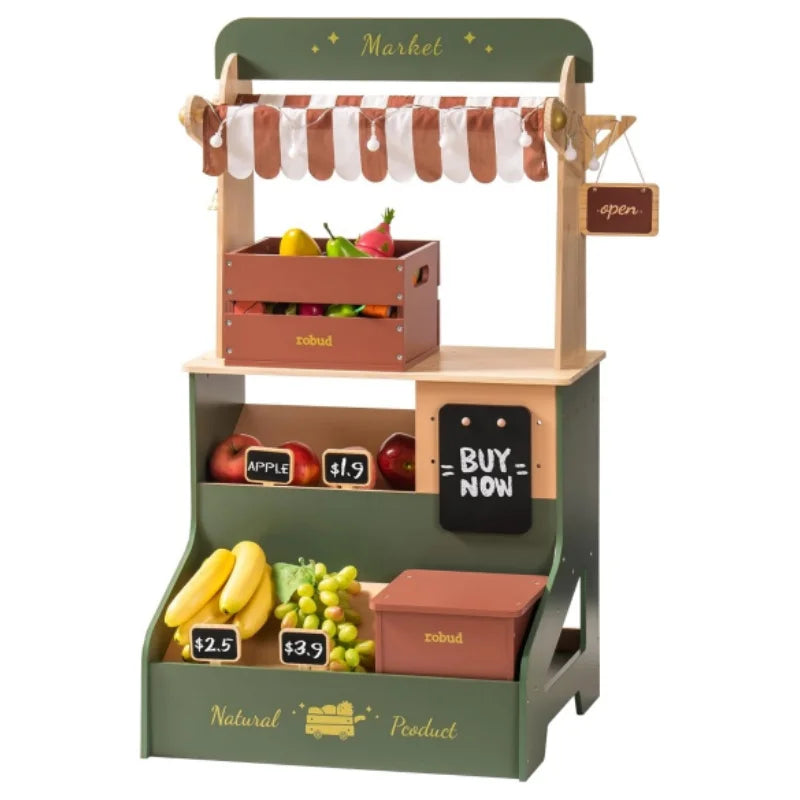 Children's toy market stand with fruits and vegetables on a white background