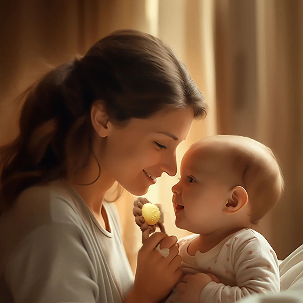 Woman holding a baby and a yellow ball, both smiling.