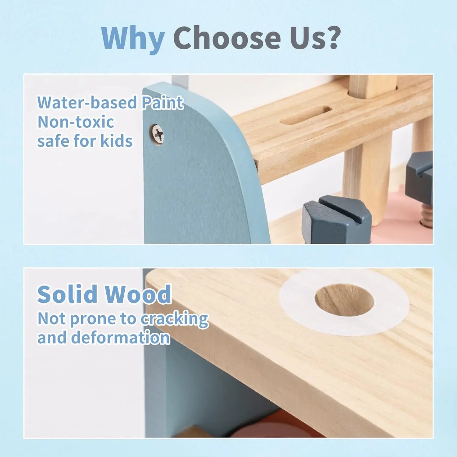Wooden chair with water-based paint and solid wood features on a light blue background.