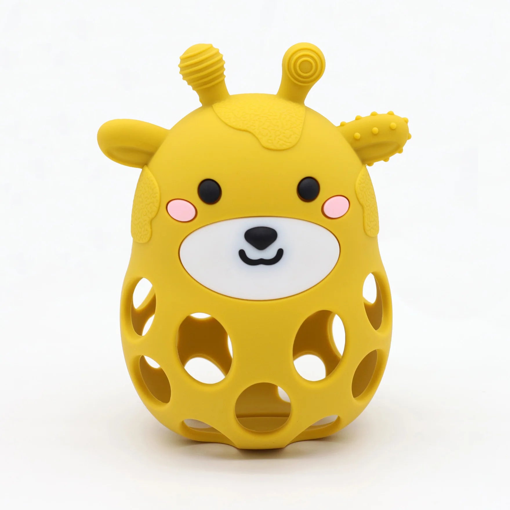 Yellow giraffe-shaped toy with a face on a white background