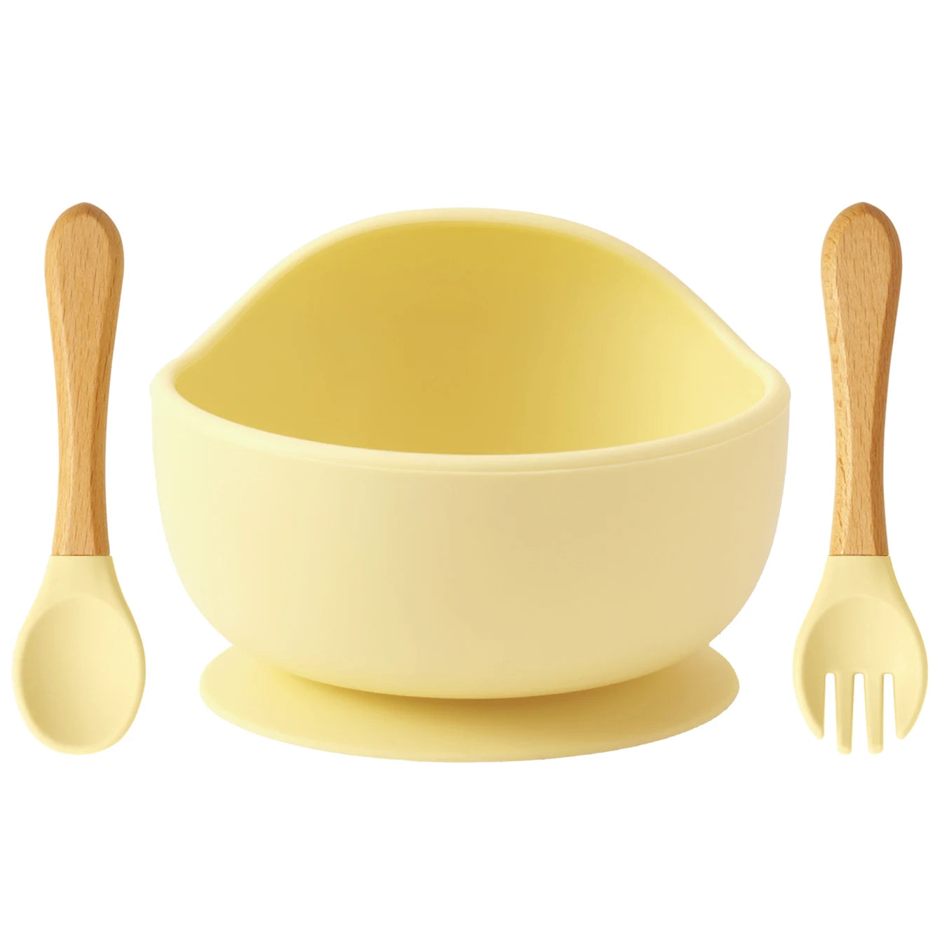Light Yellow silicone suction bowl with wooden spoon and fork