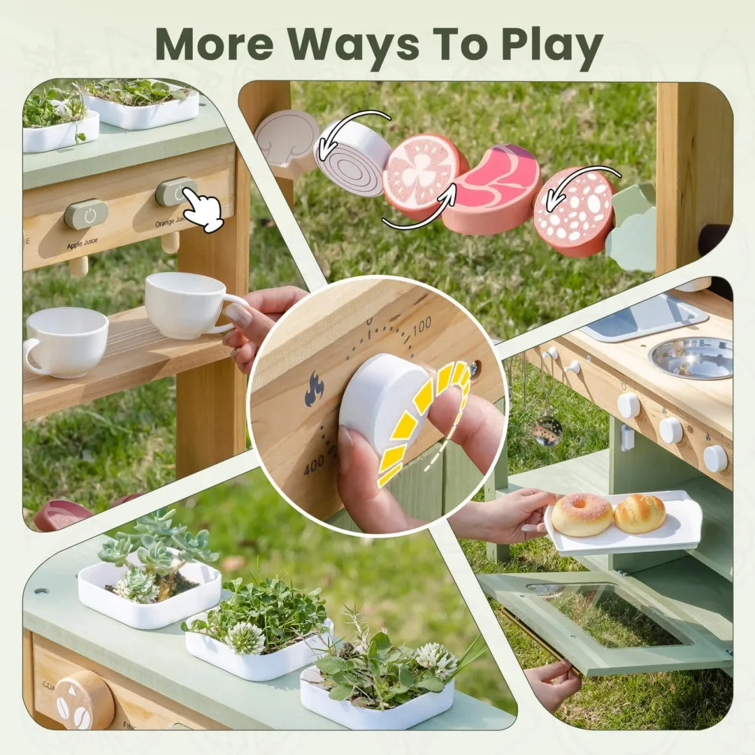 Collage of a wooden play kitchen set with various components and accessories.