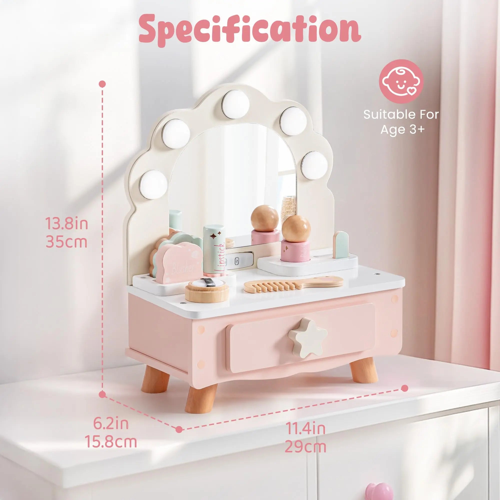 Children's pink vanity table with mirror and measurements on a white background