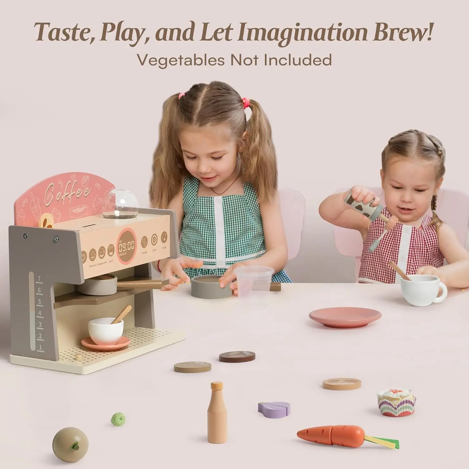 Two children playing with a toy kitchen set on a light pink background.