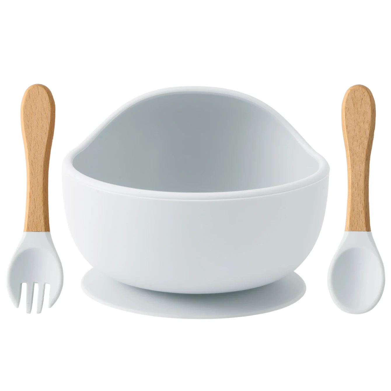 Grey Blue silicone suction bowl with wooden spoon and fork