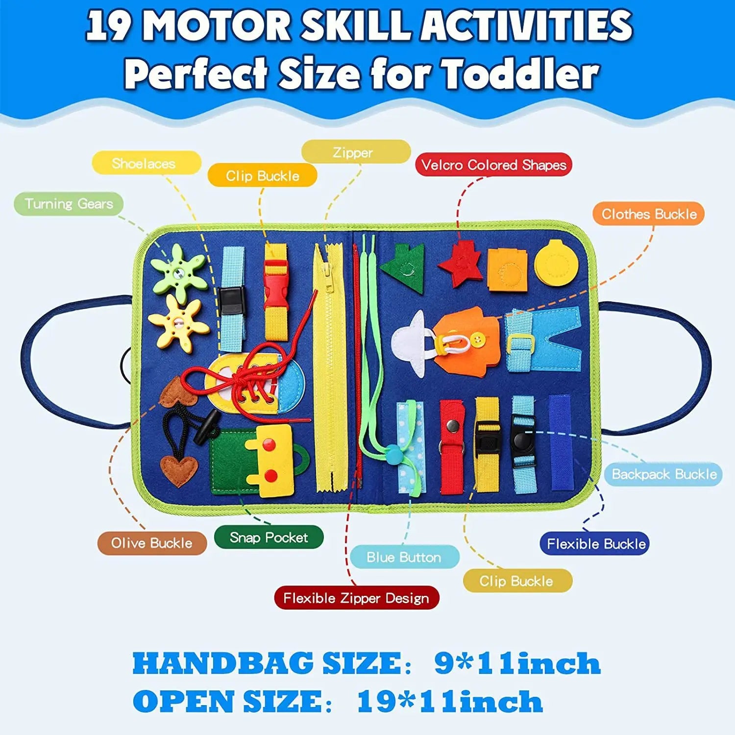Educational toy with various components and text about motor skill activities for toddlers.