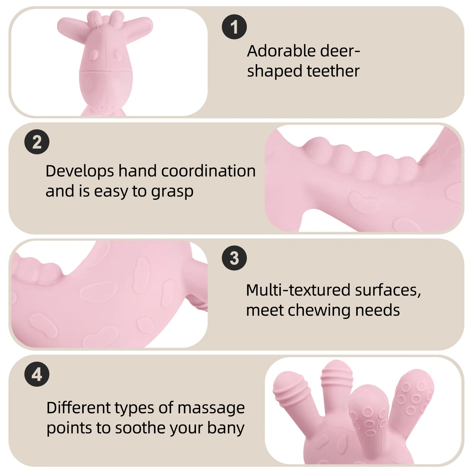 Pink deer-shaped teether with text describing its features on a beige background