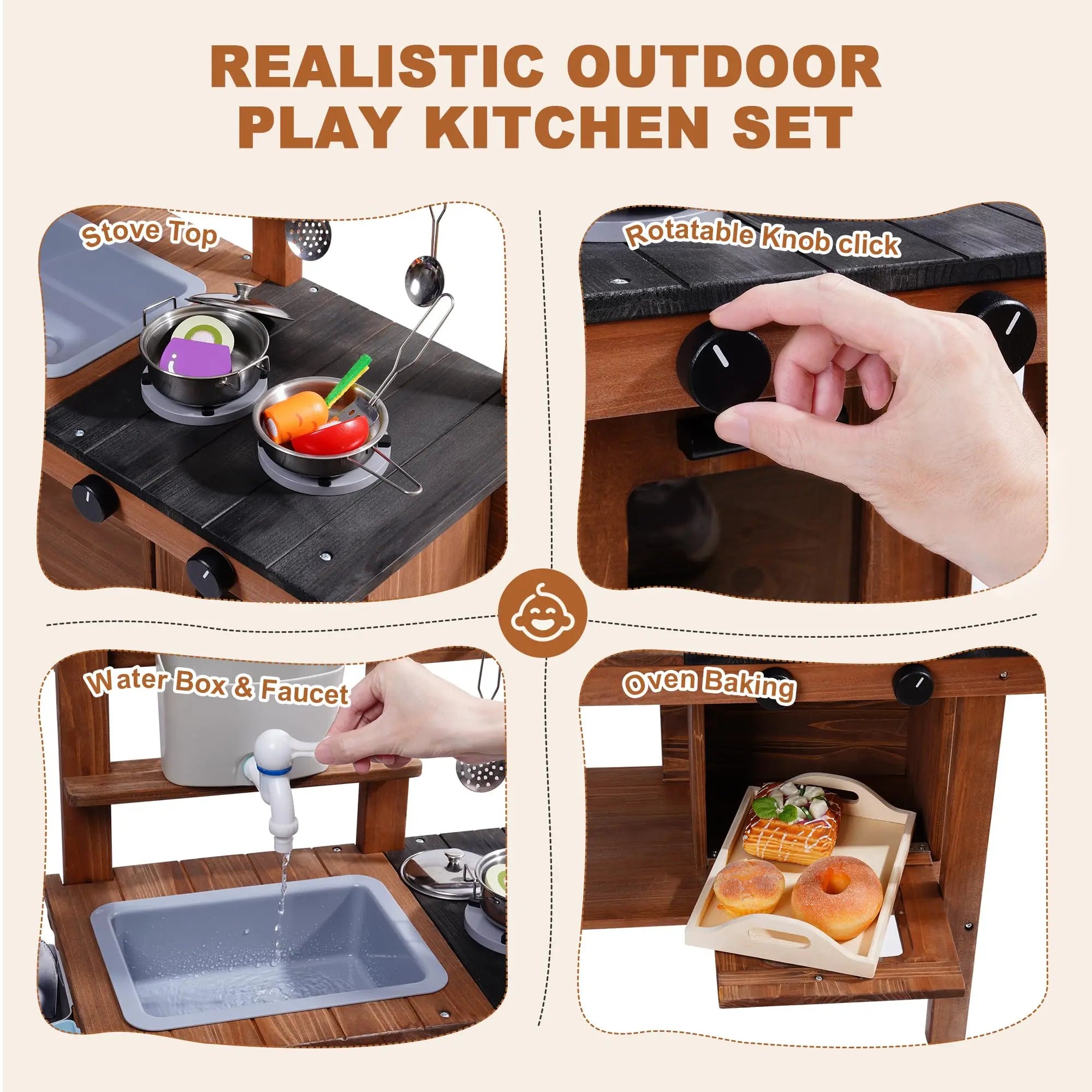 Wooden Mud Kitchen with Wheels - Outdoor Play Kitchen on Cart