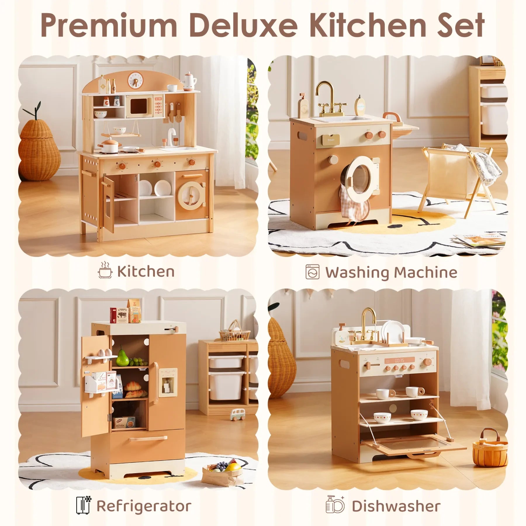 Collage of a wooden kitchen set with various appliances including a kitchen, washing machine, refrigerator, and dishwasher.