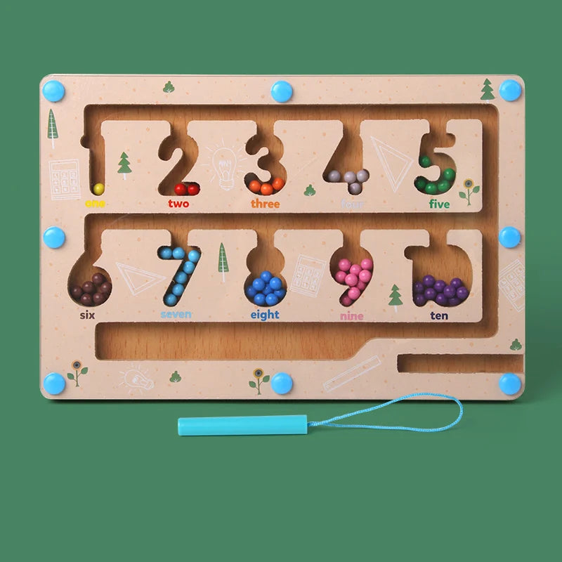 Wooden number puzzle with colorful beads on a green background