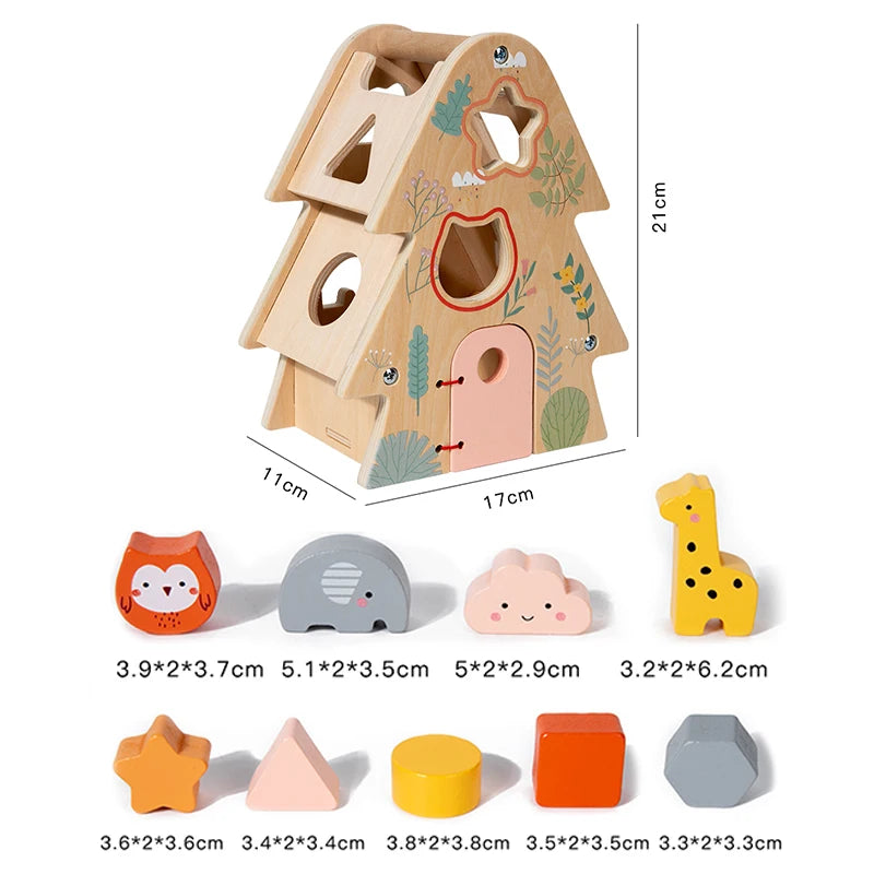 Wooden shape sorter toy with house design and various shapes below, including measurements.