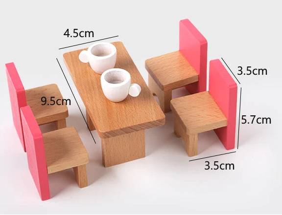 Miniature wooden table and chairs with measurements on a white background