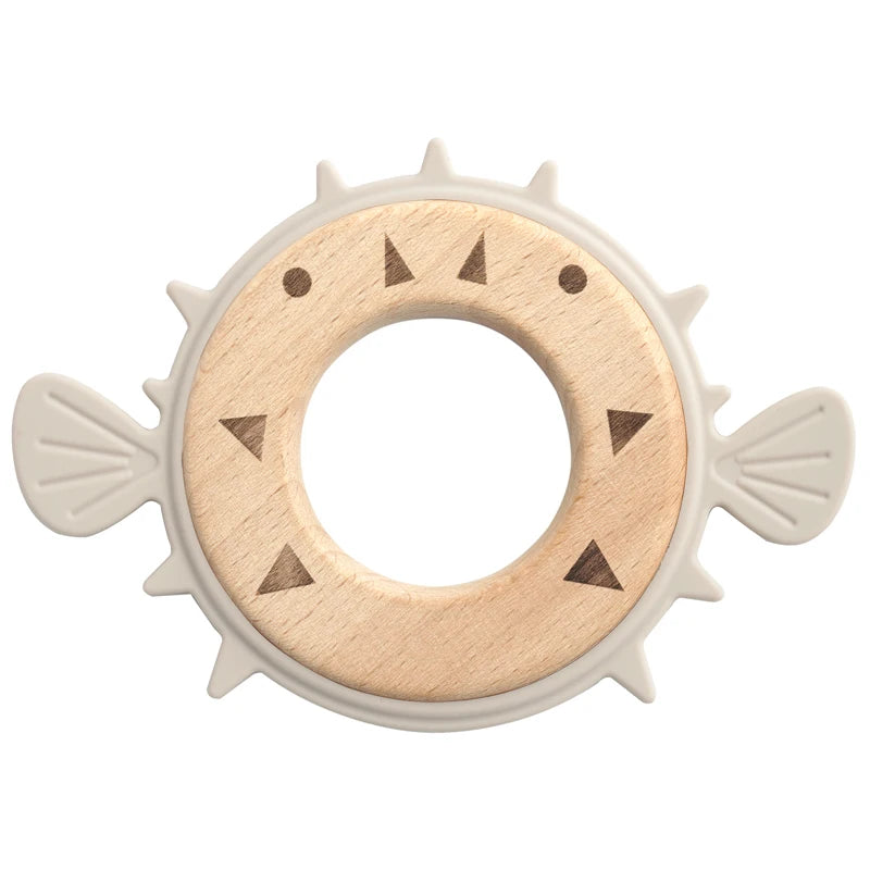 Beach sand pufferfish teether with wooden ring