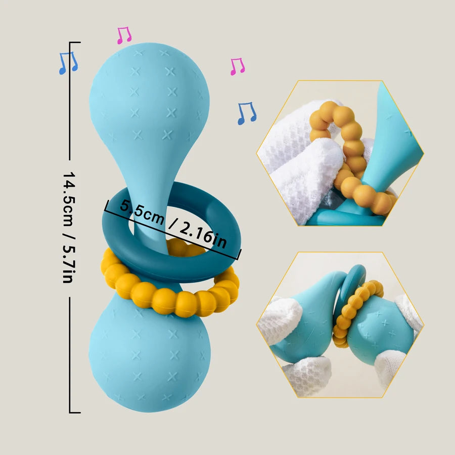 Teething ring with blue and yellow elements, showing measurements and close-up details on a light gray background.