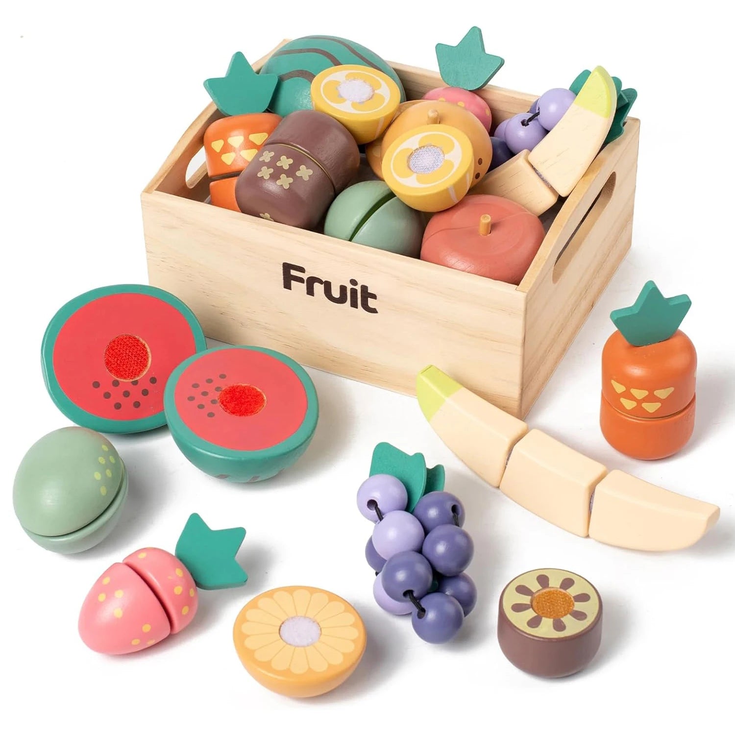 Colorful wooden toy fruits and vegetables set with a wooden crate labeled 'Fruit' on a white background.