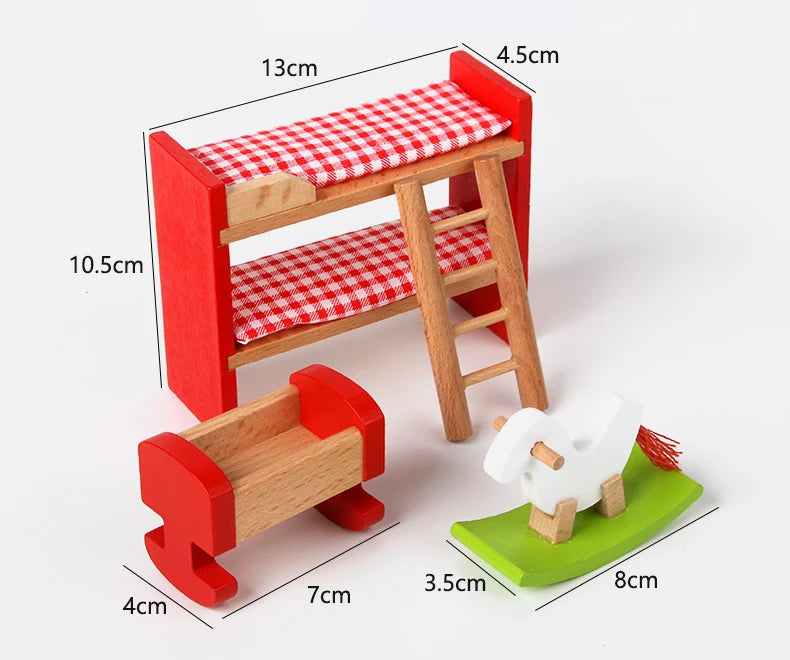 Wooden toy furniture set with dimensions labeled on a white background