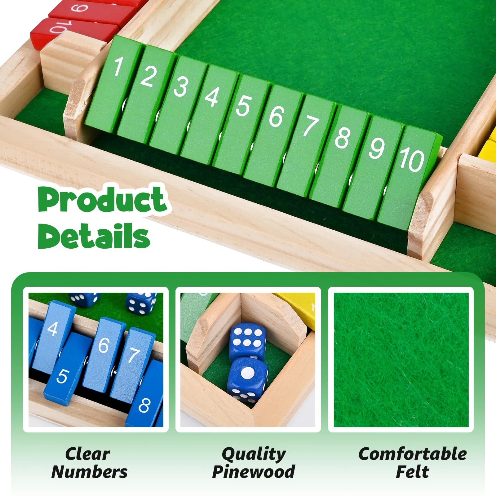 Shut the Box Wooden Dice Game for 4 Players
