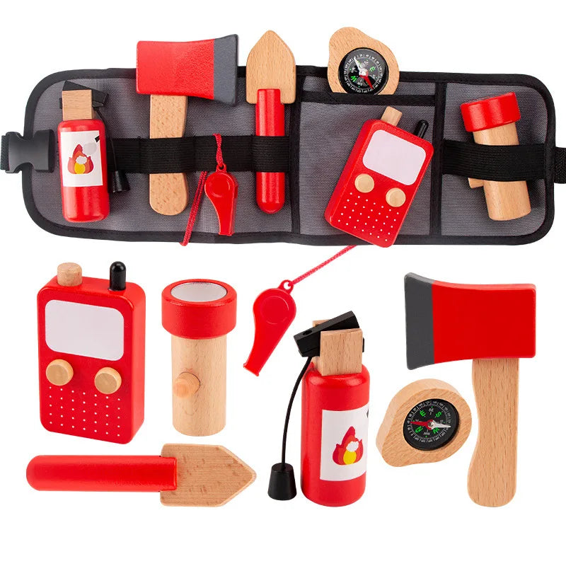 Toy fireman tool set with various tools on a white background