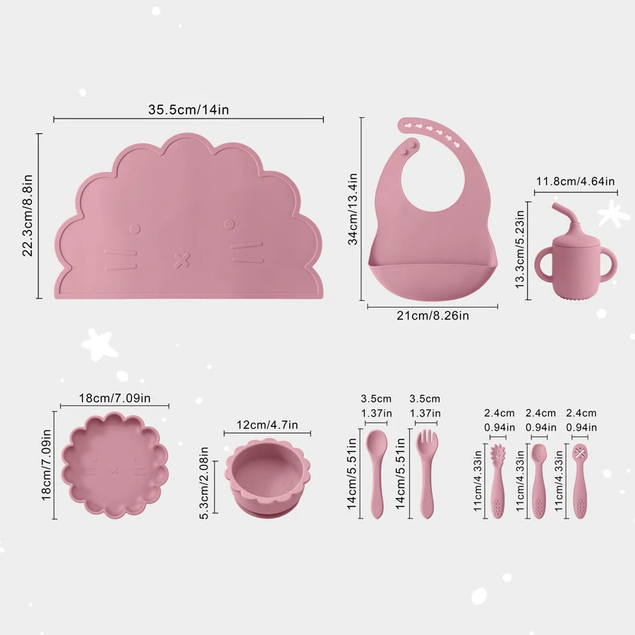 Set of pink baby utensils and accessories with measurements on a white background