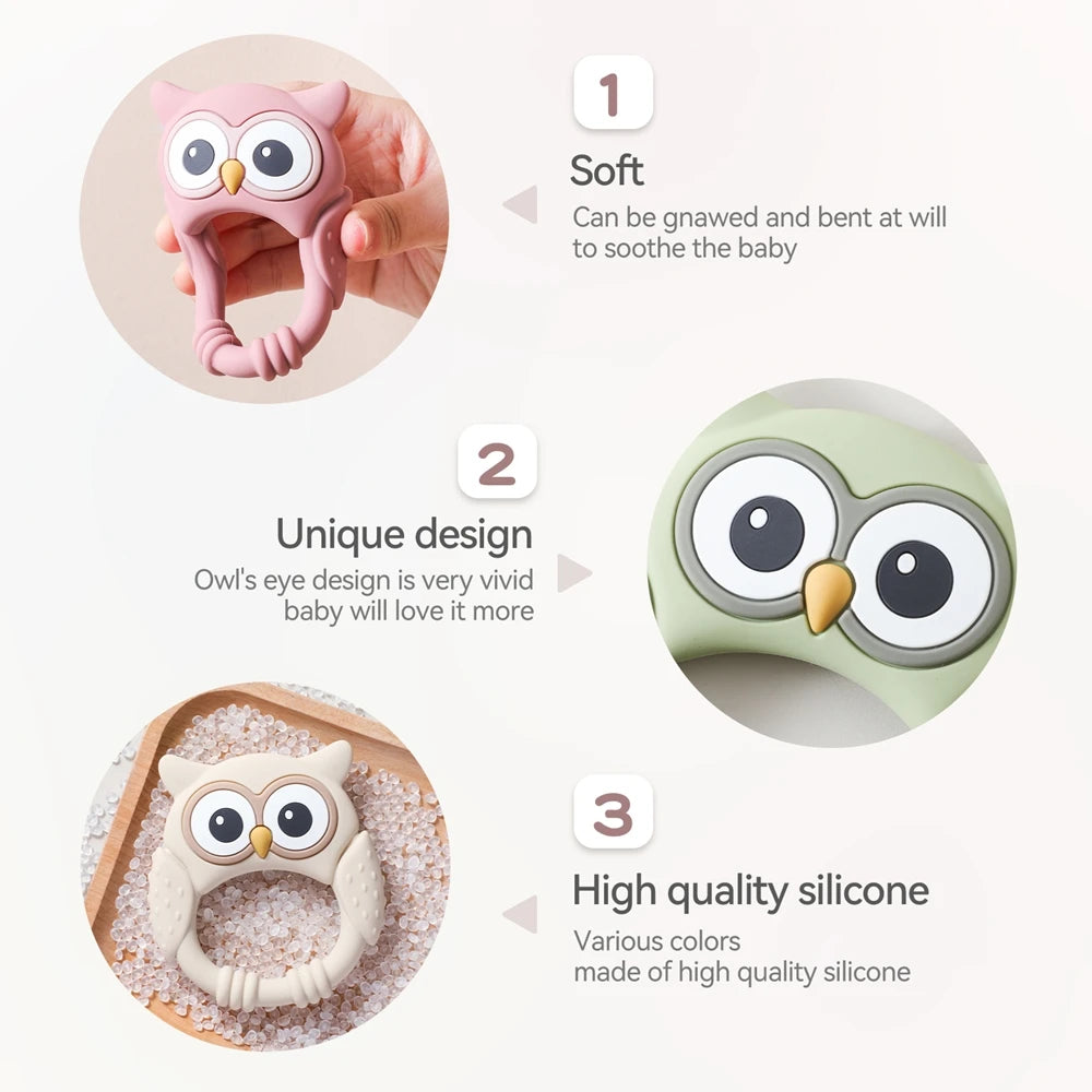 Owl-shaped baby teether with text describing its features on a white background