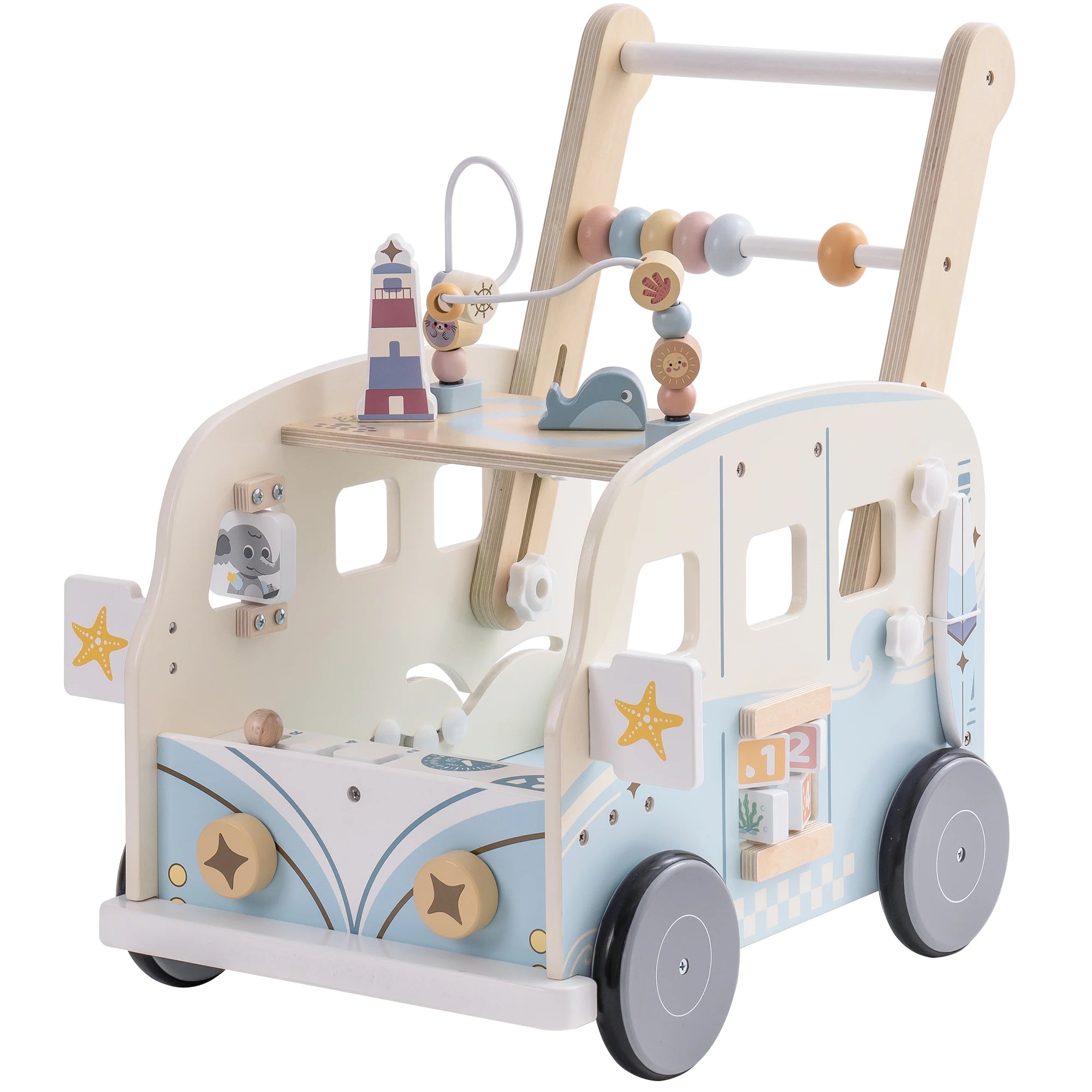 Wooden Baby Push-Along Activity Walker with Busy Board