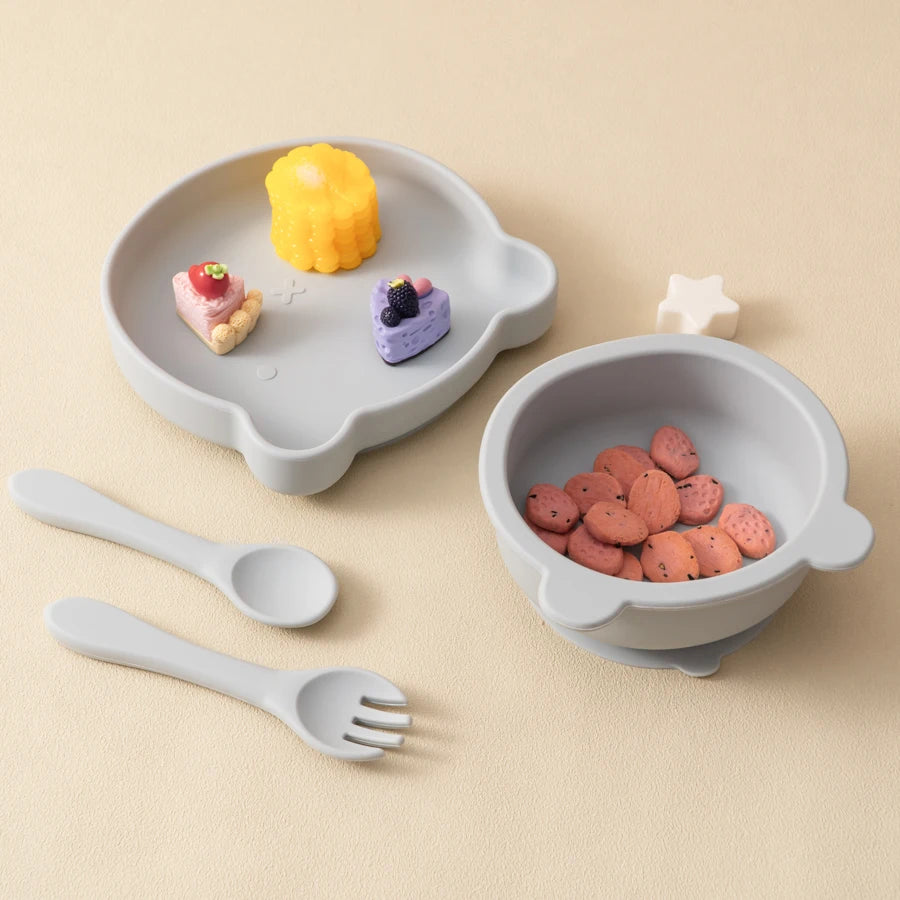 Grey blue bear plate and bowl with spoon and fork