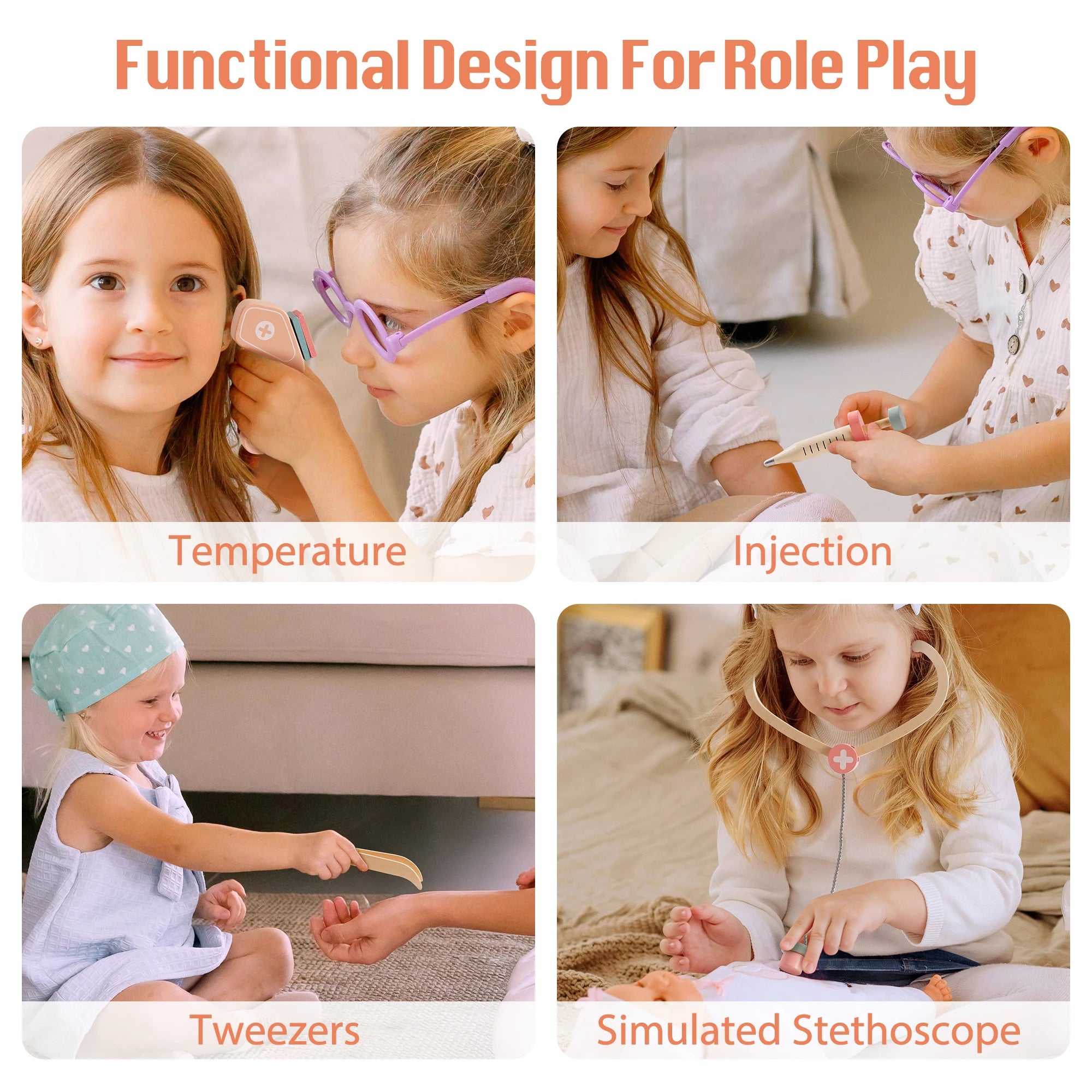 Children playing with medical role play toys including temperature gauge, injection, tweezers, and stethoscope.