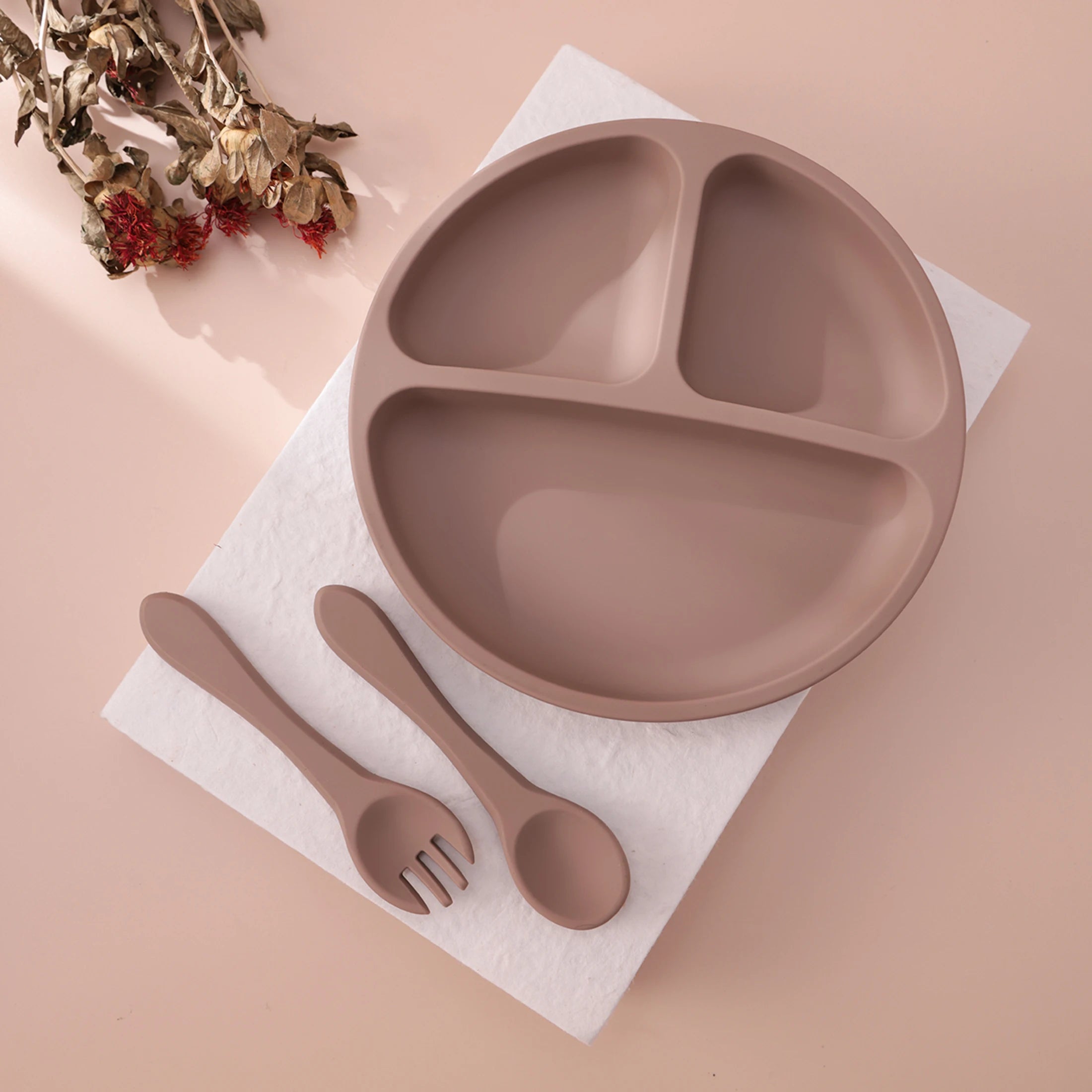 Taupe plate with matching spoon and fork