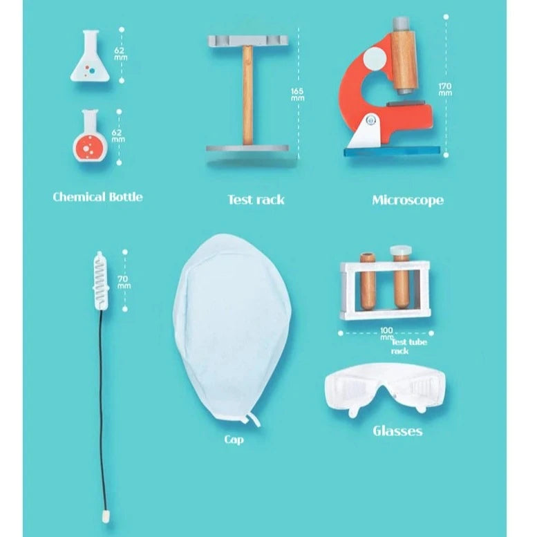 Pretend Play Microscope Set featuring a wooden microscope and experimental tools designed to inspire young biologists with imaginative, educational play.