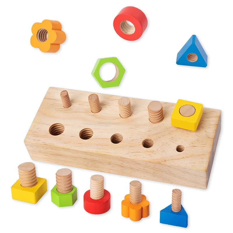 Wooden Nut & Bolt Geometric Screwing Blocks set with colorful shapes, promoting motor skills and cognitive development through interactive screwing and sorting activities.