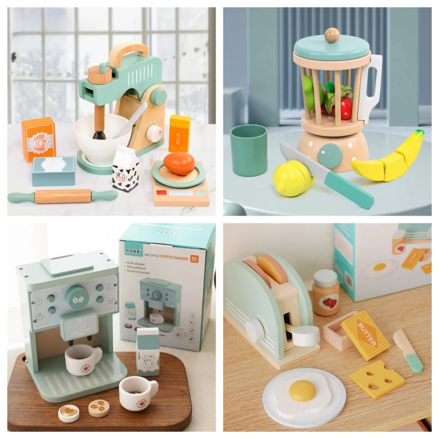 Set of toy kitchen appliances and food items on a wooden surface.