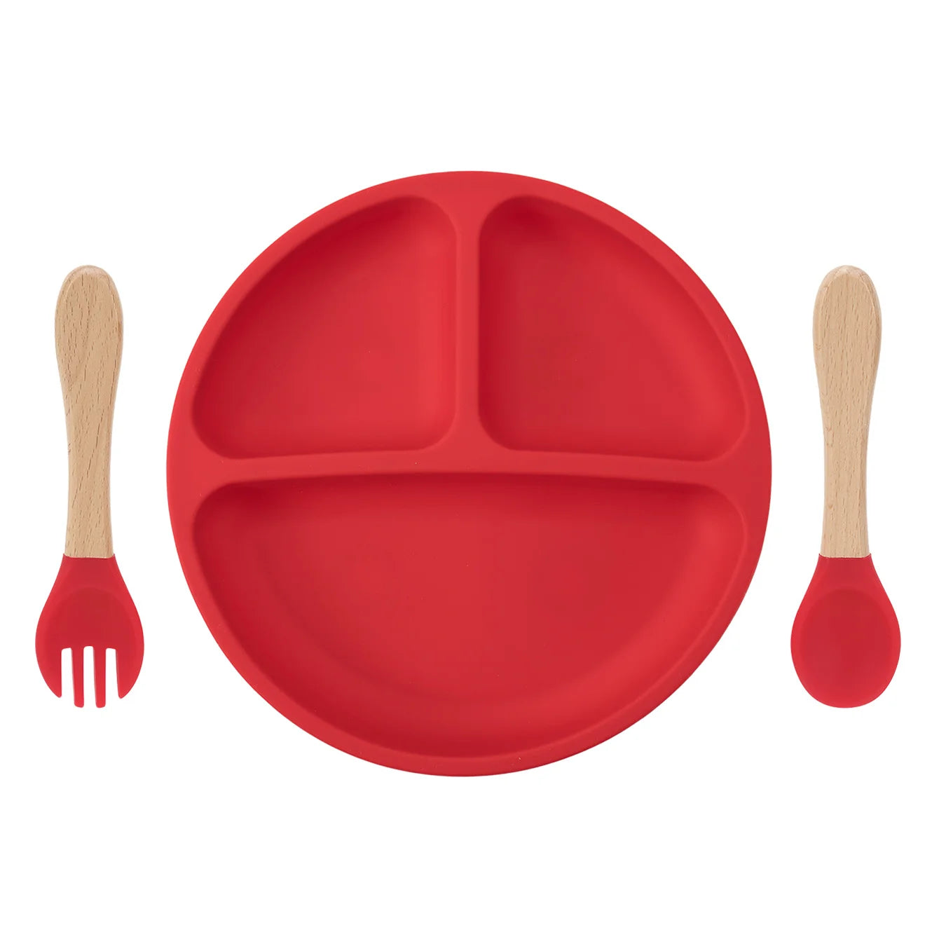 Silicone divided suction plate with wooden spoon and fork in Red
