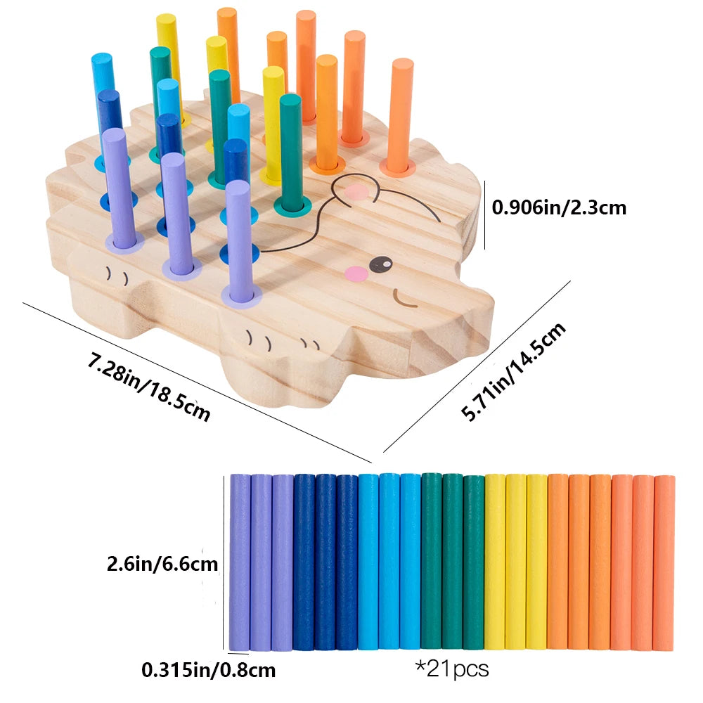 Wooden toy with colorful sticks and measurements on a white background