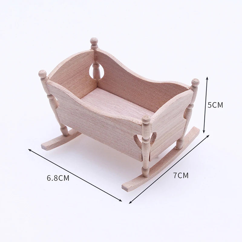 Wooden baby crib with dimensions on a white background