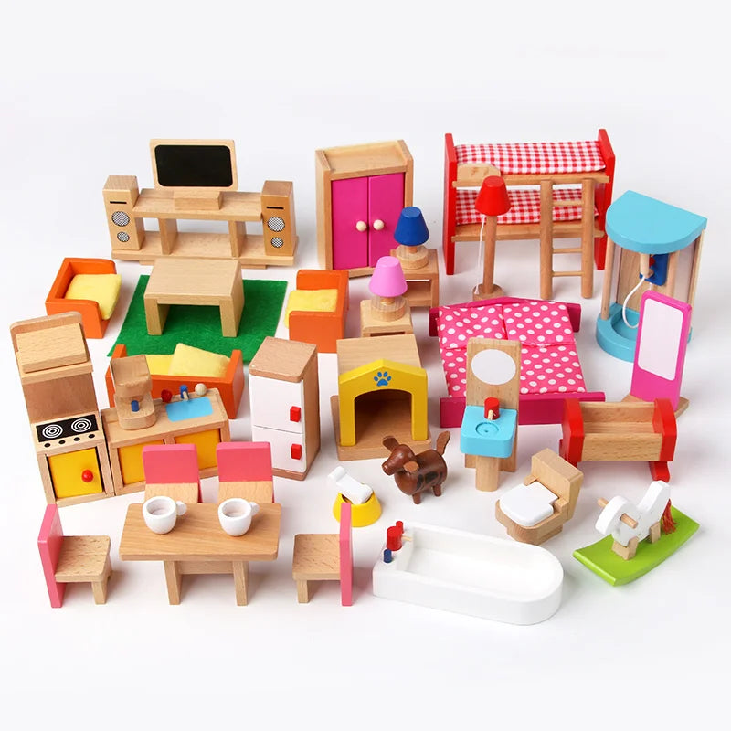 Set of colorful wooden toy furniture and accessories on a white background
