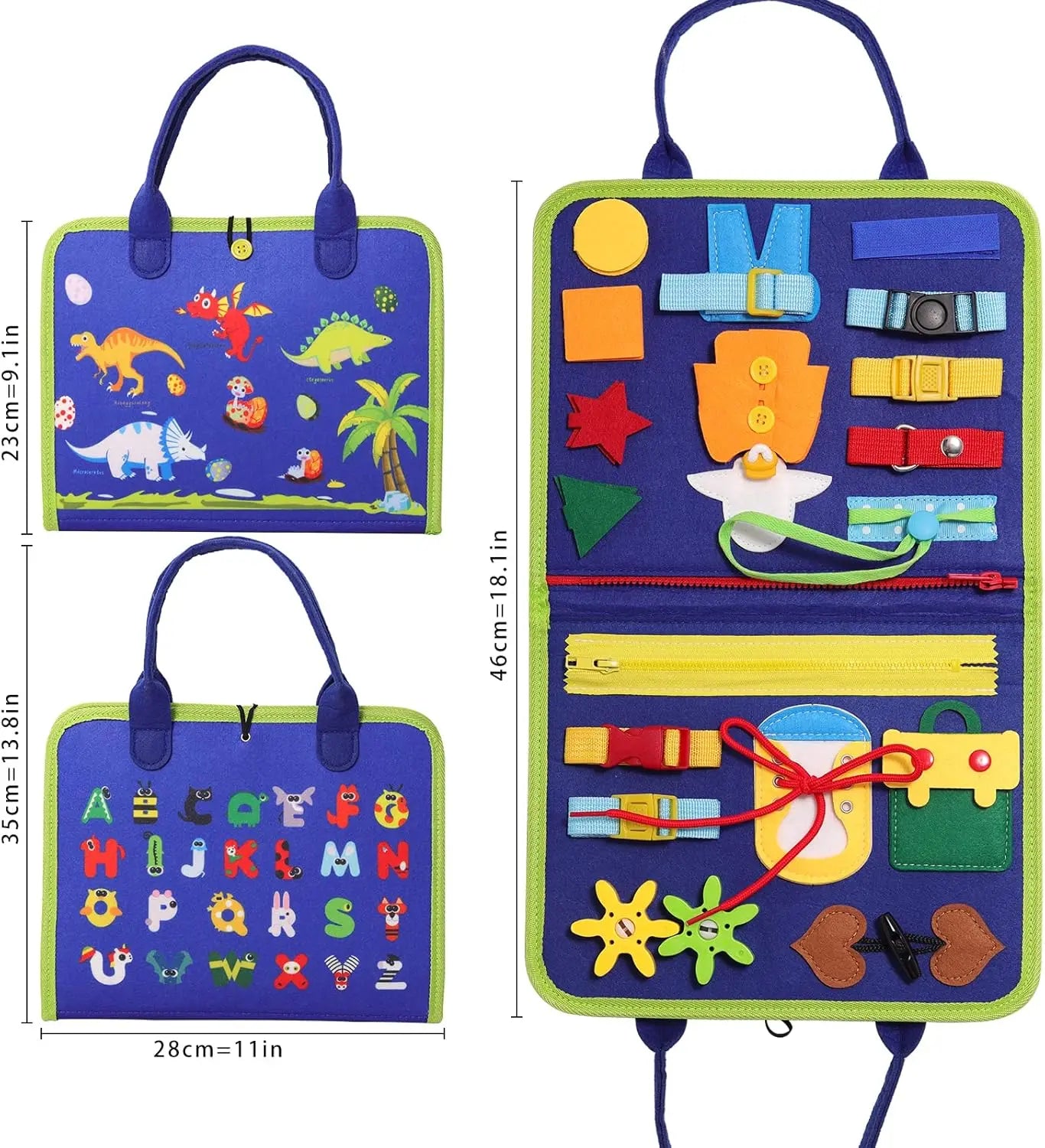 Colorful educational tool with various shapes, letters, and objects on a blue background