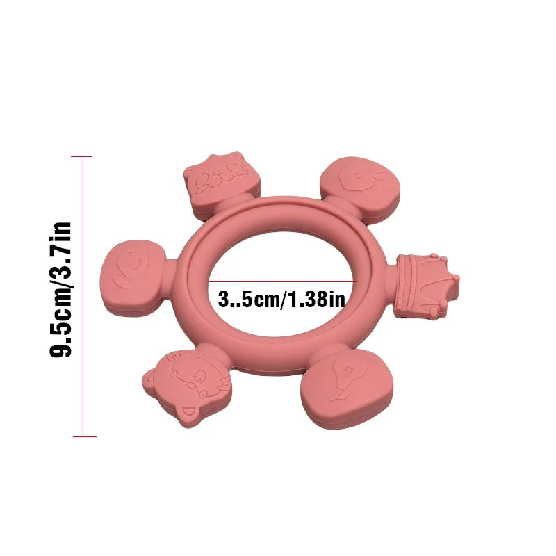 Pink silicone baby teether with a ring center and five textured petal-like pieces, shown on a white background with overlaid dimensions: 9.5cm height and 3.