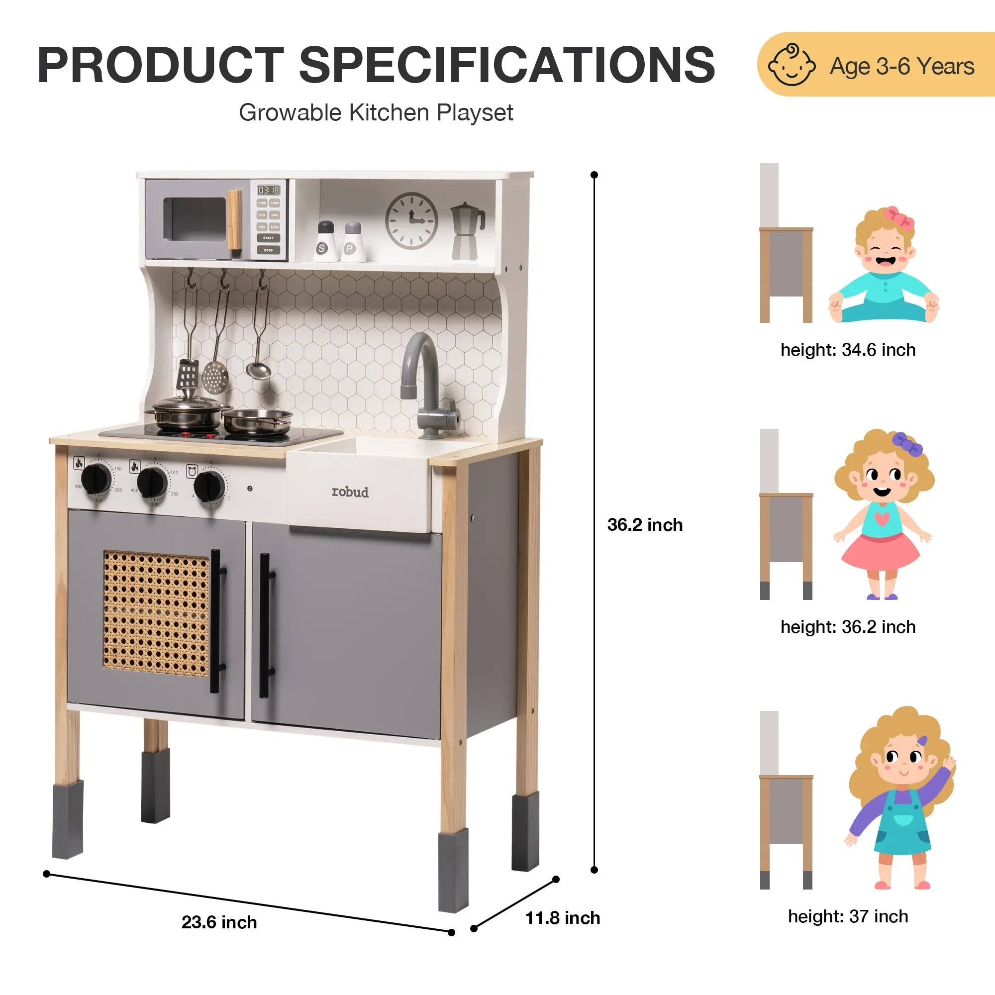 Growable kitchen playset with dimensions and height illustrations for children aged 3-6 years.