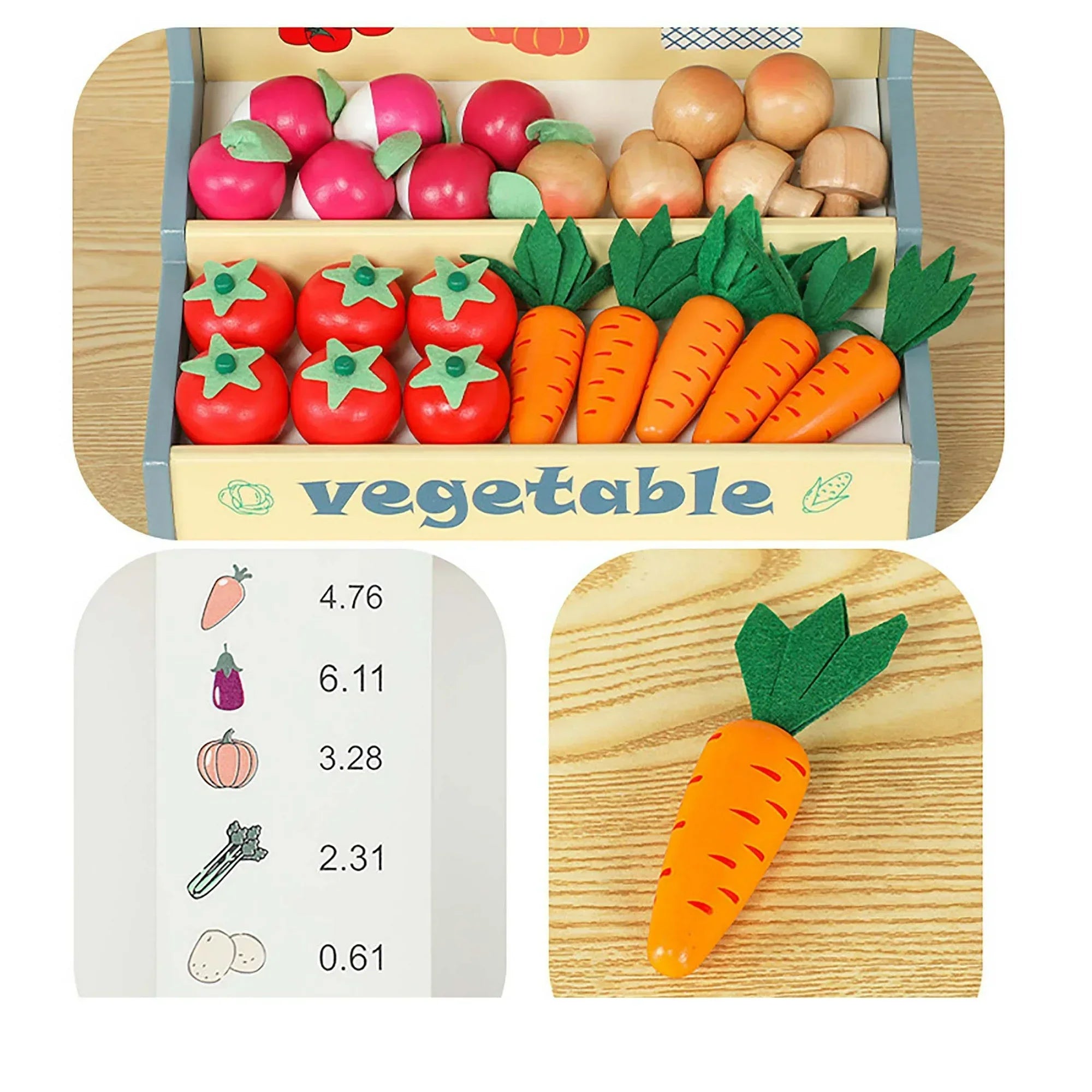 Toy vegetables set including carrots, tomatoes, and apples in a wooden box labeled 'Vegetable'.