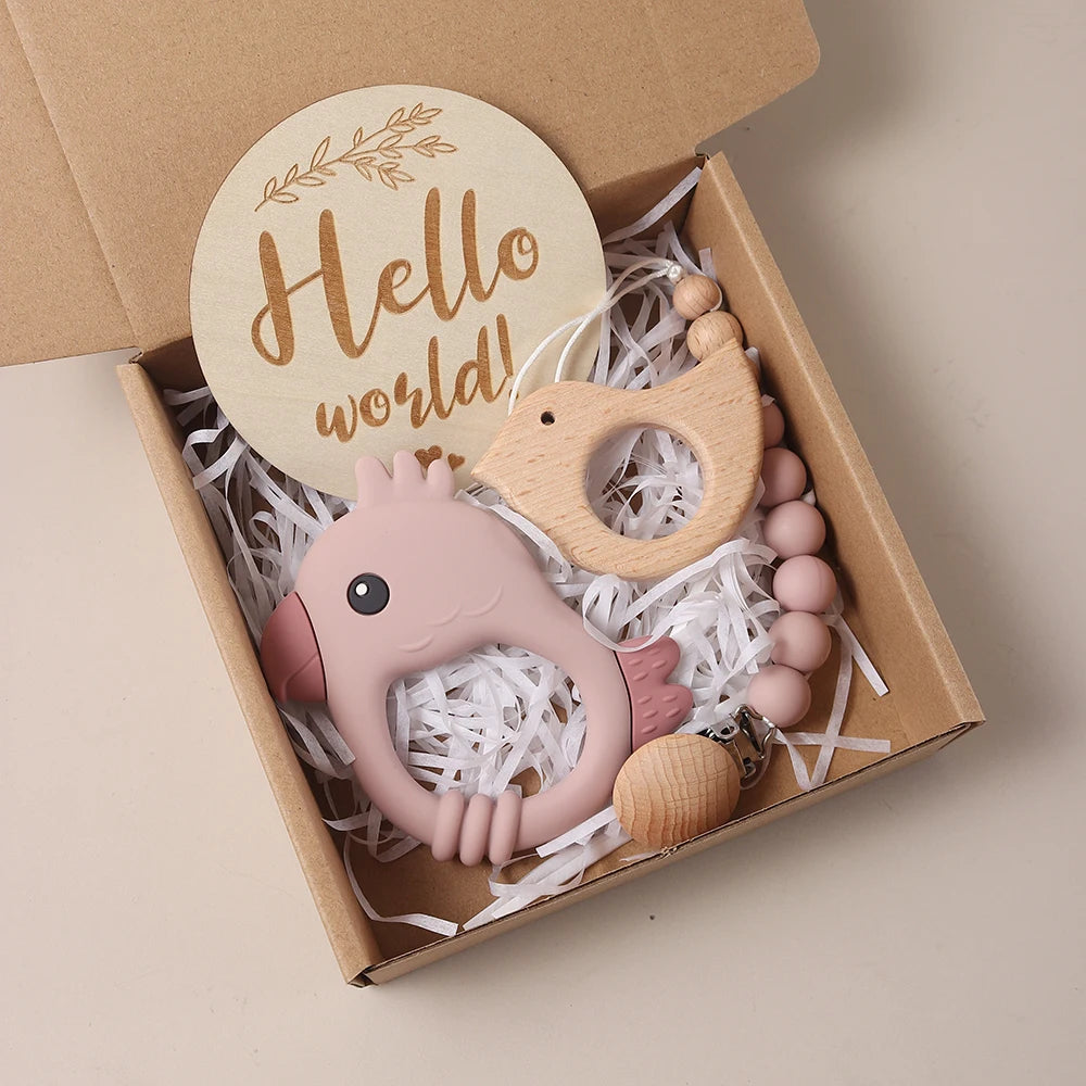 Baby teething toy set with 'Hello world' sign in a box