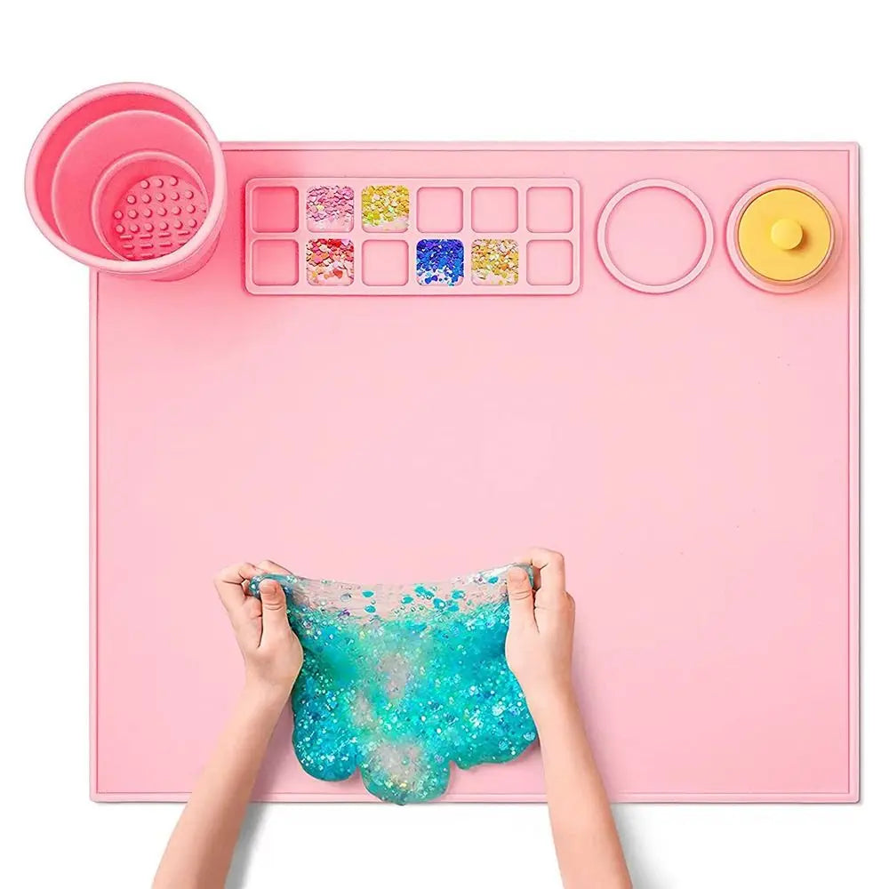 Kids Multifunctional DIY Silicone Drawing Mat with pink tray and cup holder for organized crafting, ideal for creative, mess-free art projects.