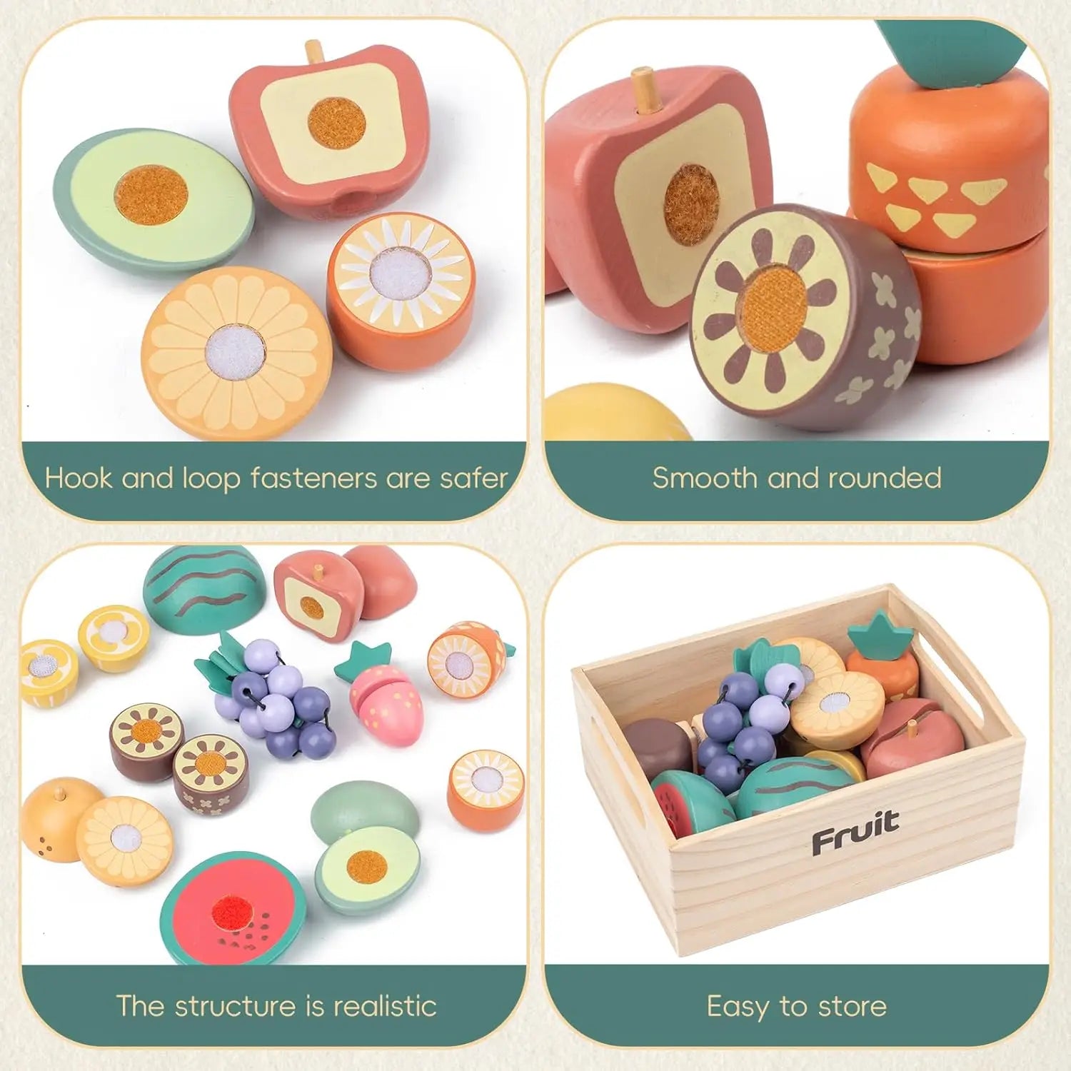 Wooden fruit toys with safety features and storage box on a light background