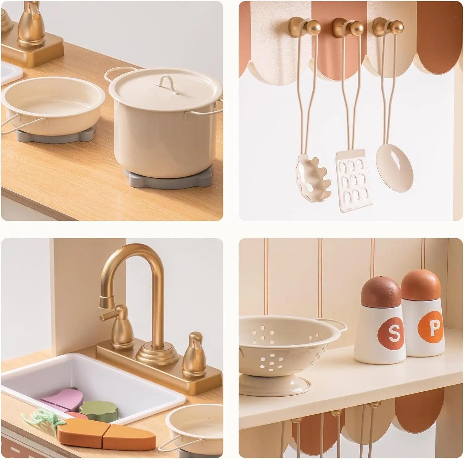 Collage of kitchen items including pots, utensils, a faucet, and a sink.