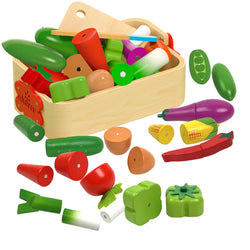 Educational wooden magnetic cutting playset with fruits, vegetables, and desserts. Comes in a wooden box for organized storage.