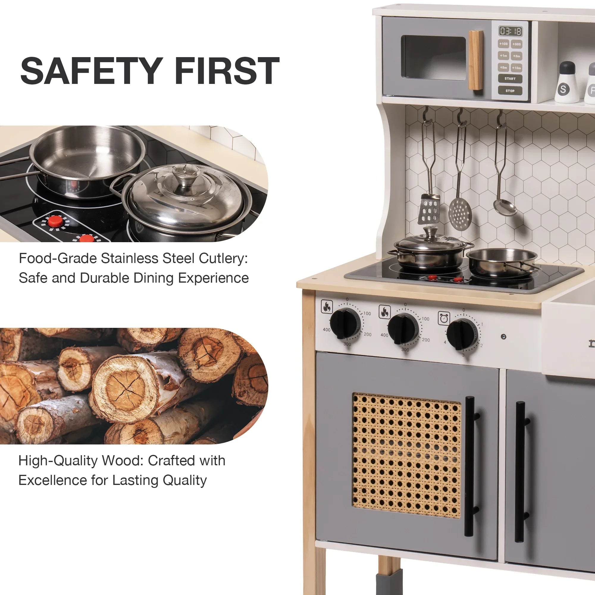 Children's play kitchen set with stove, oven, and microwave, featuring text about safety and materials.