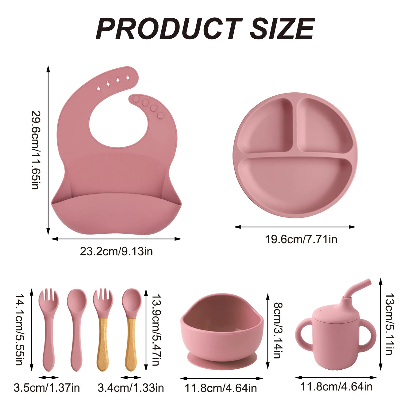Bib 29.6 x 23.2cm, plate 19.6cm, bowl and cup 11.8cm, utensils 14cm