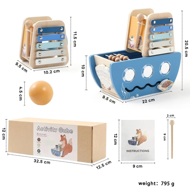Wooden toy xylophone with dimensions and packaging shown